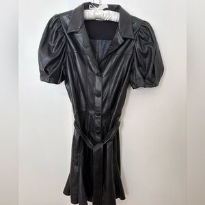 Alice & Olivia Black Faux Leather Puff Sleeve Dress